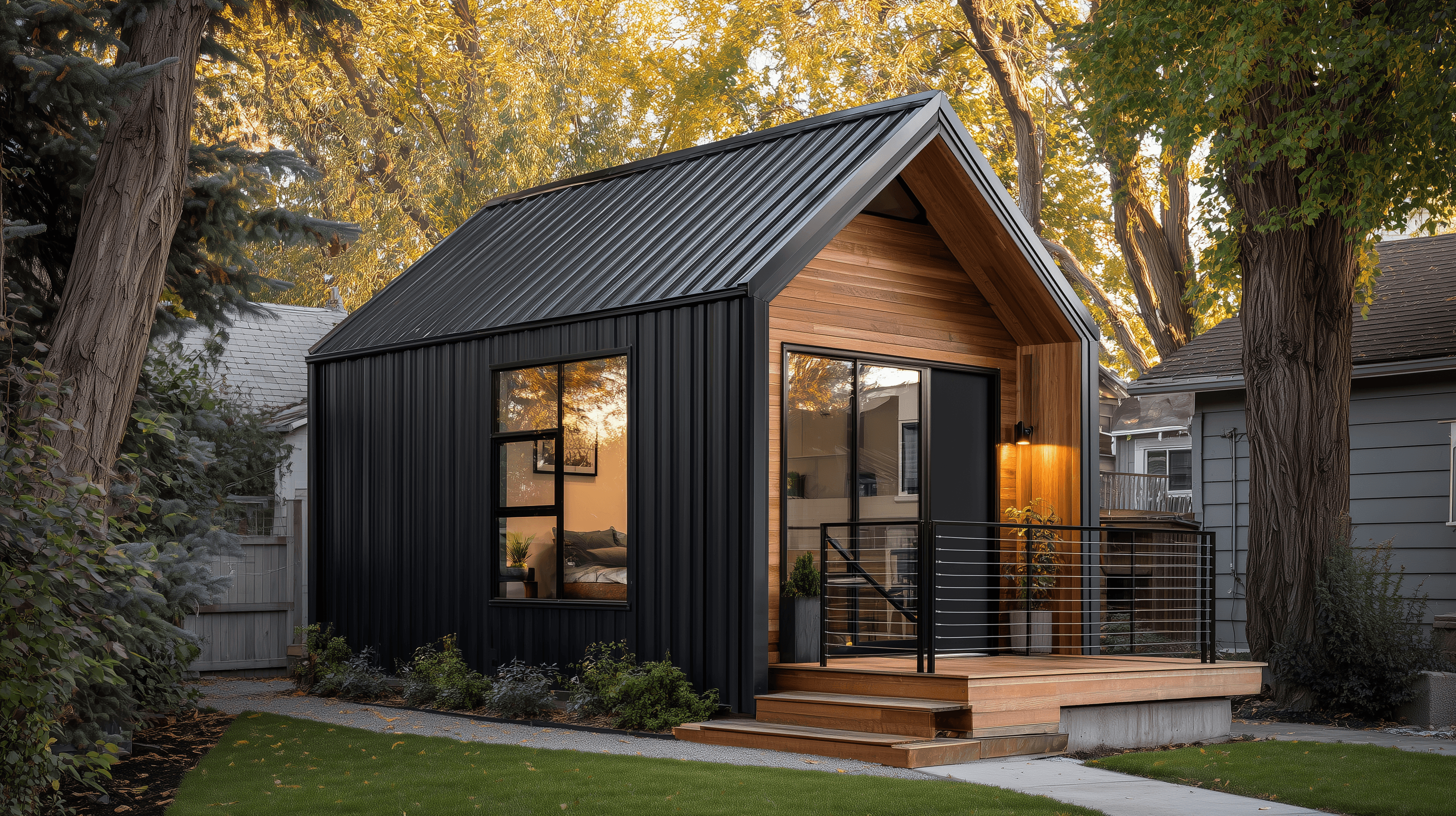 ADU Studio Barn — a modern gable backyard studio with a full-width folding glass door to the garden