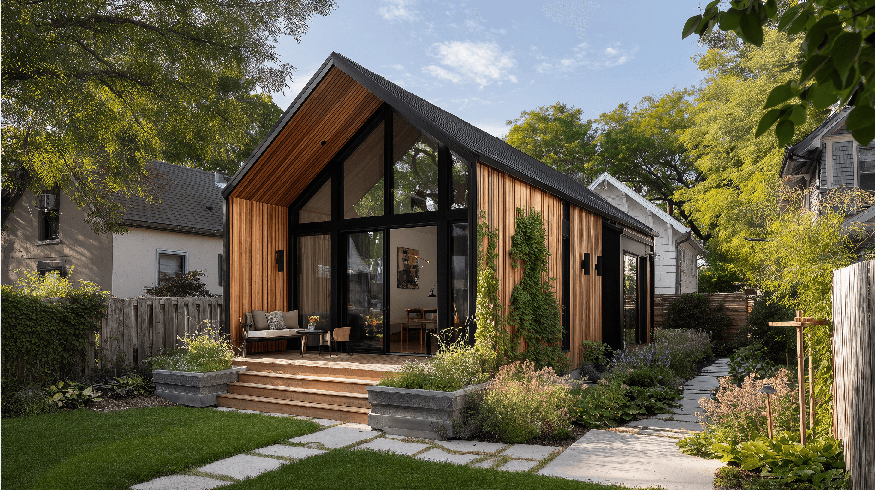 A backyard ADU with south-facing garden patio and integrated planter beds