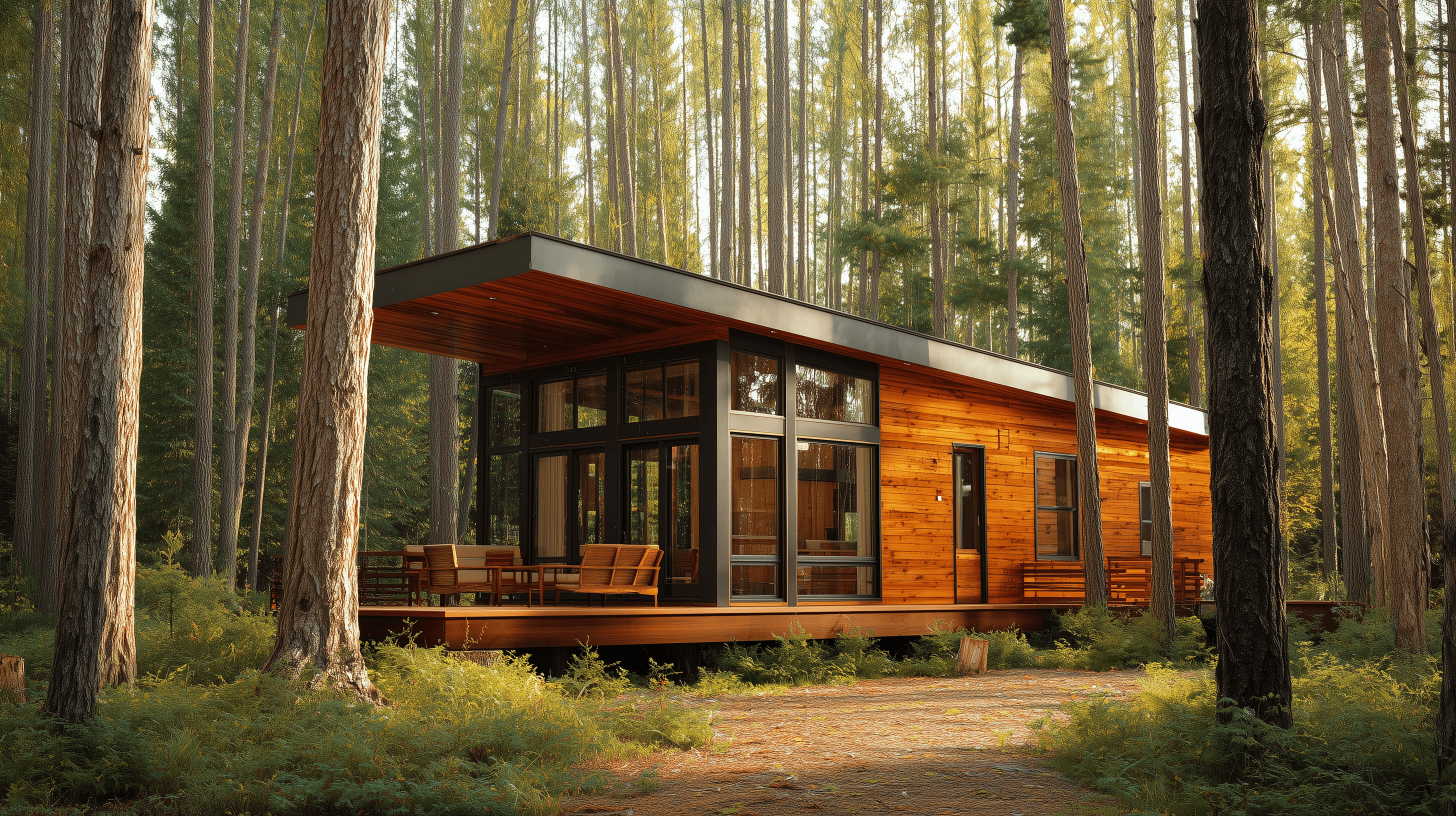 The Birchwood — warm cedar park-model cabin with cantilevered deck on a Minnesota lake