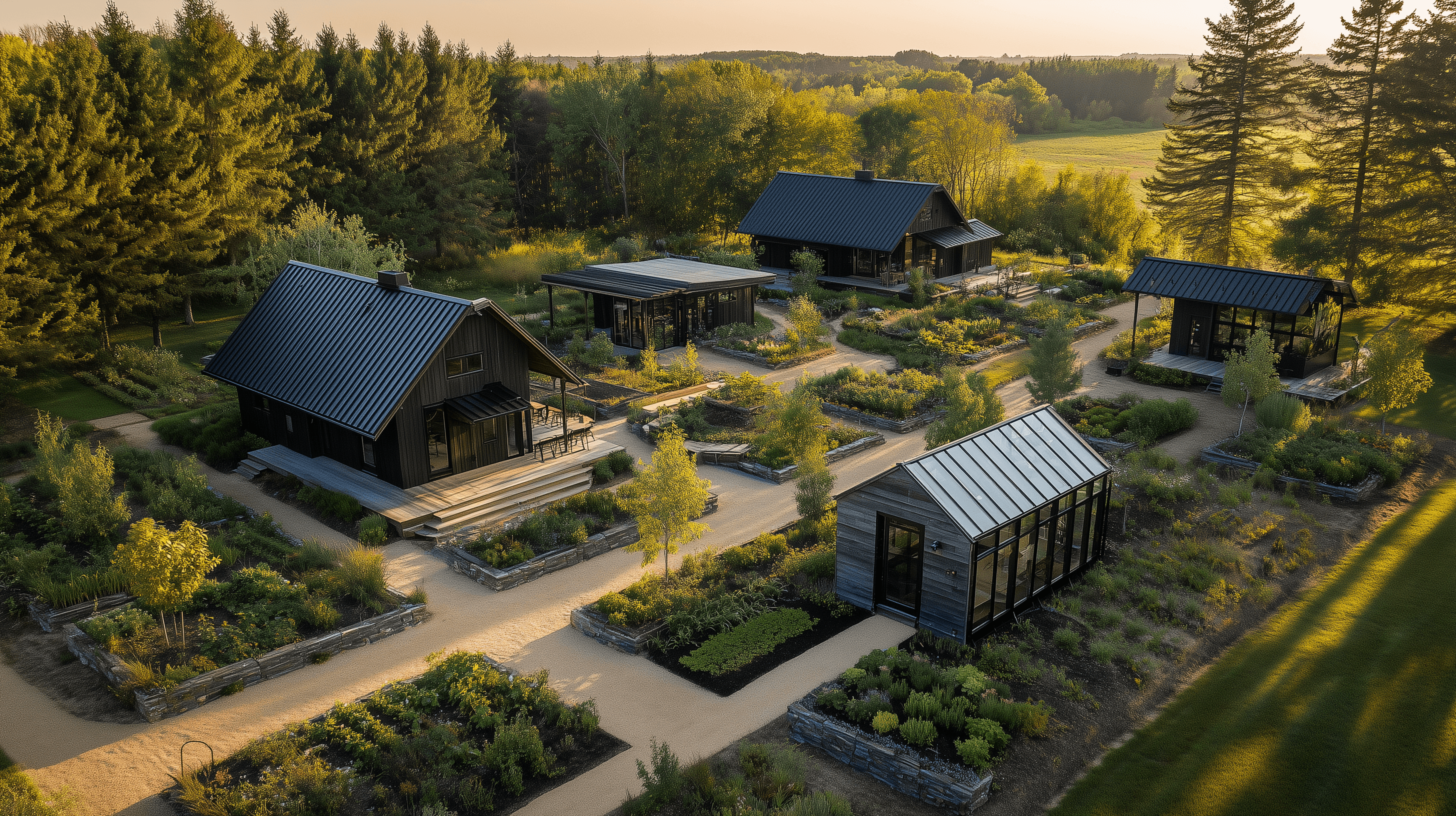 Four dark-cedar-finish cabins arranged around a shared central garden — The Gardener Compound Quad