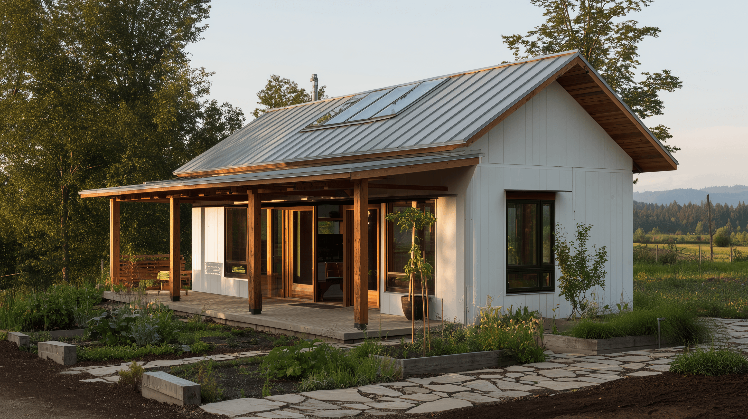 The Gardener Solo — a south-facing cabin with folding glass wall opening to a pergola patio and kitchen garden
