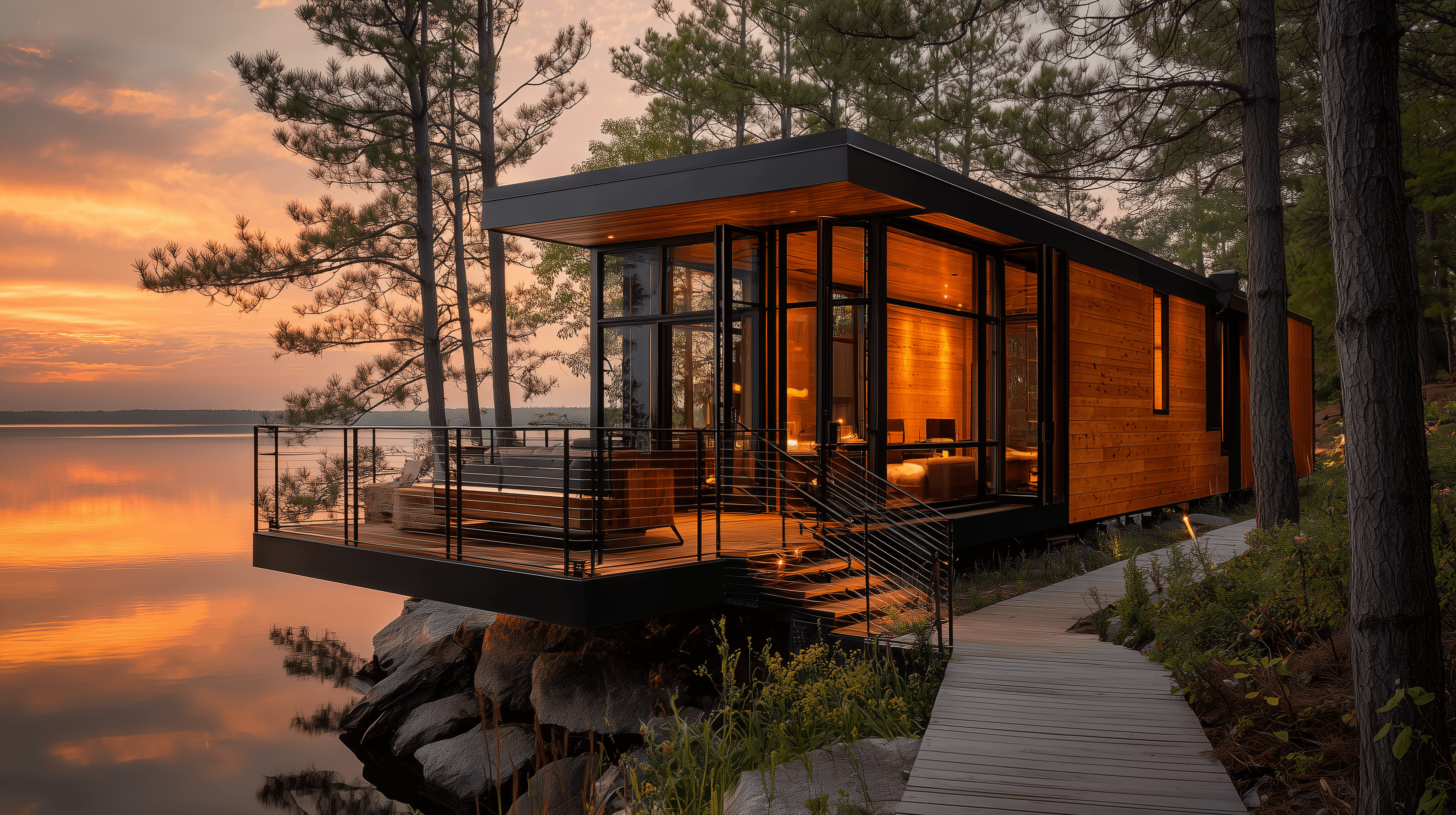 The Ridgeline — modern A-frame cabin with full triangular glass wall on a Minnesota lake bluff