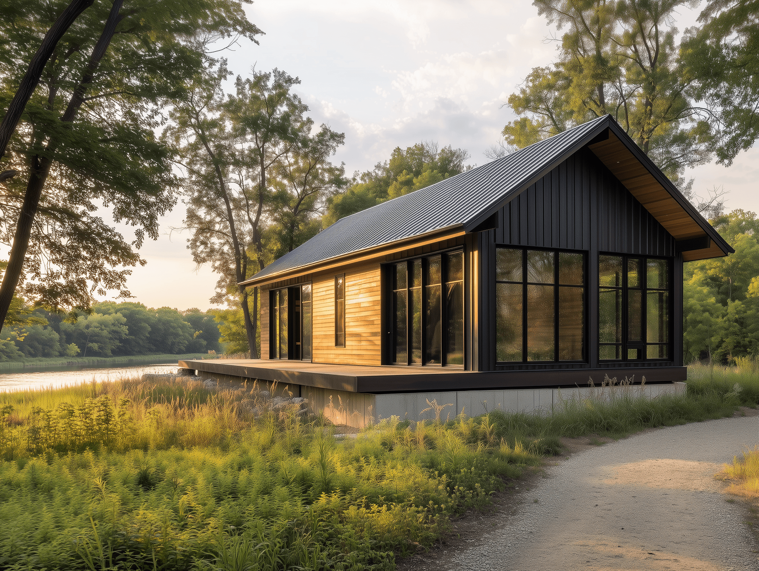 The Voyager — a clean modern lakefront cabin with large deck and high south-facing windows