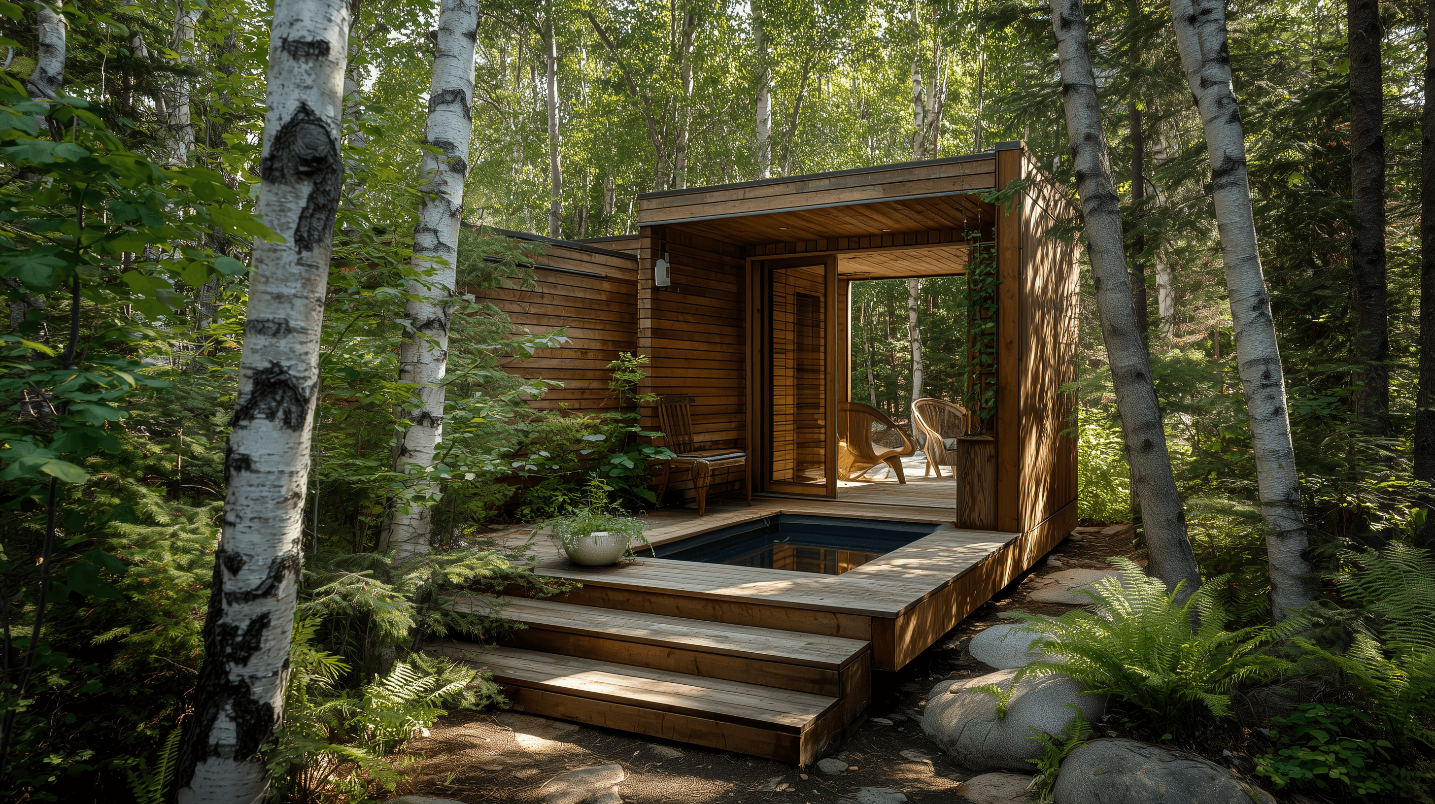 A cedar cold plunge enclosure in a Minnesota outdoor setting
