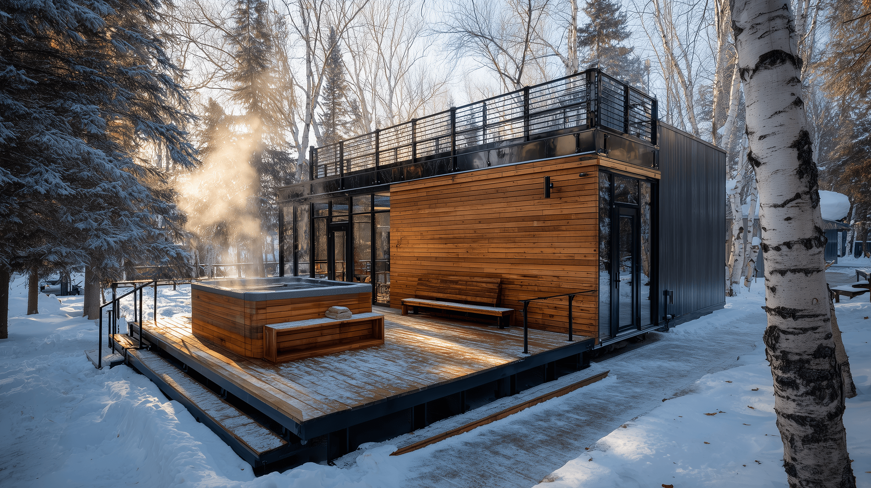A private cedar hot tub enclosure with deck and privacy screening in a Minnesota outdoor setting