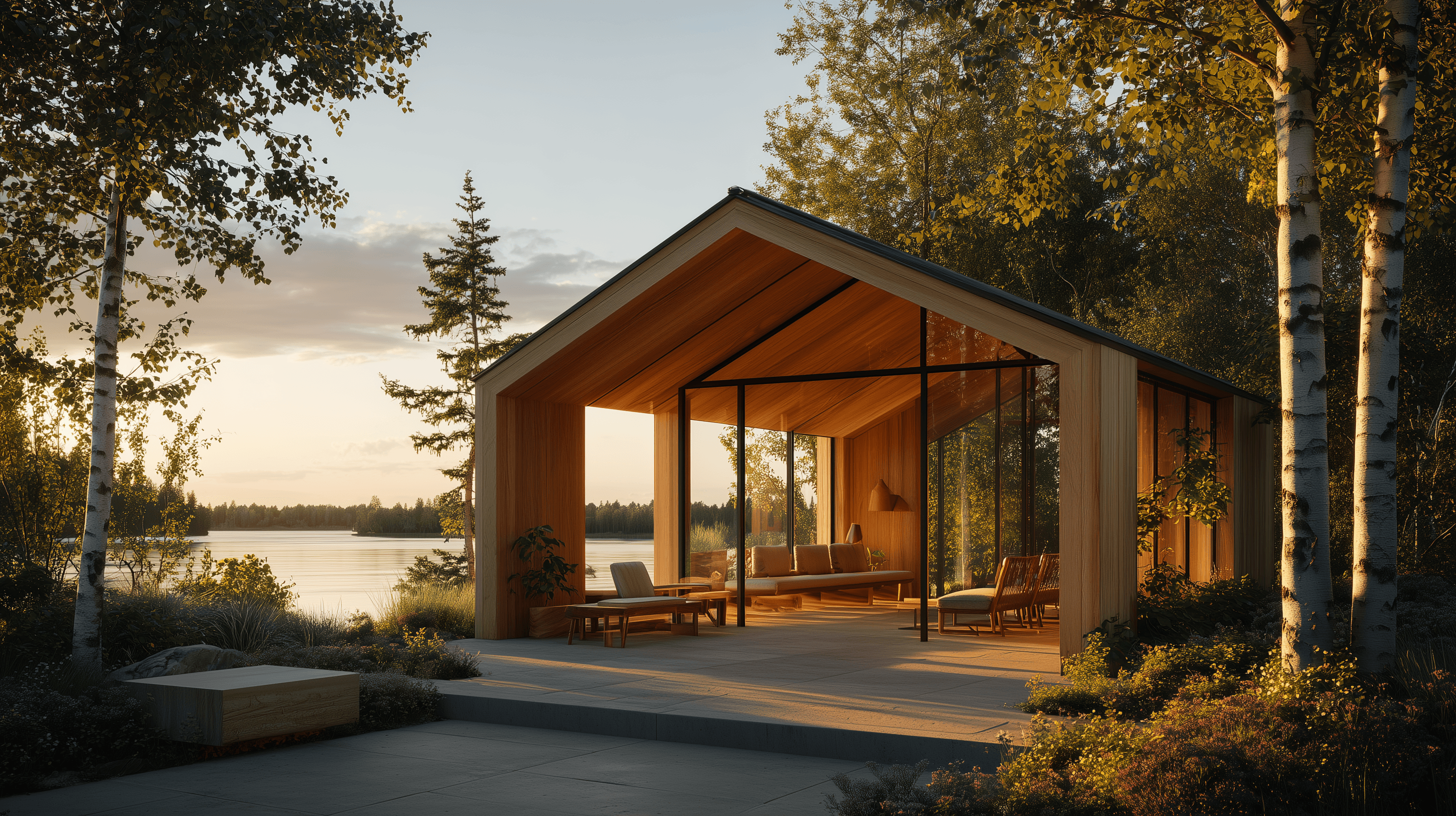 A cedar wellness pavilion combining sauna, cold plunge, and meditation deck